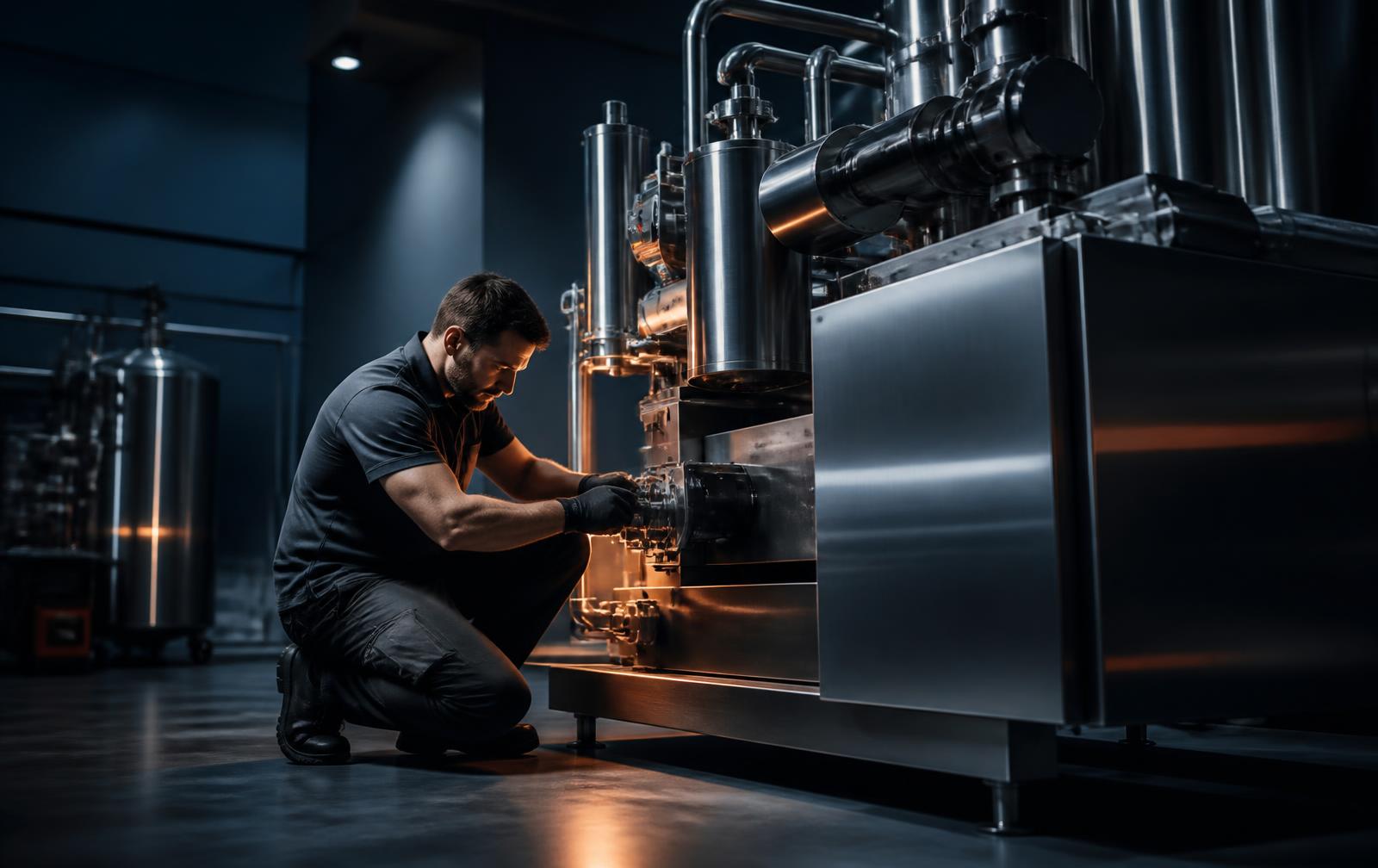 Técnico de SOTEMIA realizando mantenimiento en maquinaria industrial de acero inoxidable
